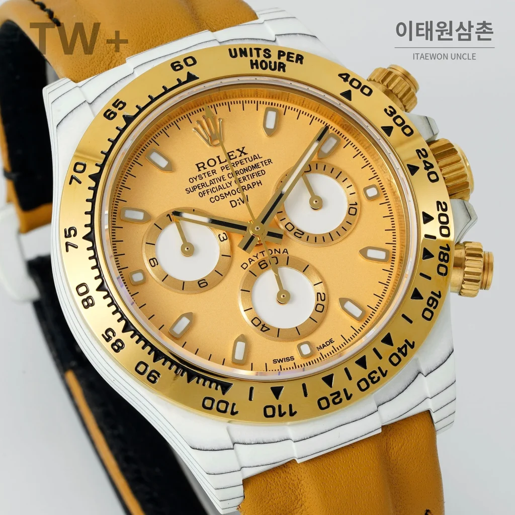 롤렉스 데이토나 카본 파이버 야광 케이스 크로노그래프 오토매틱 40mm 카본 블랙 브라운 가죽 스트랩 골드 베젤