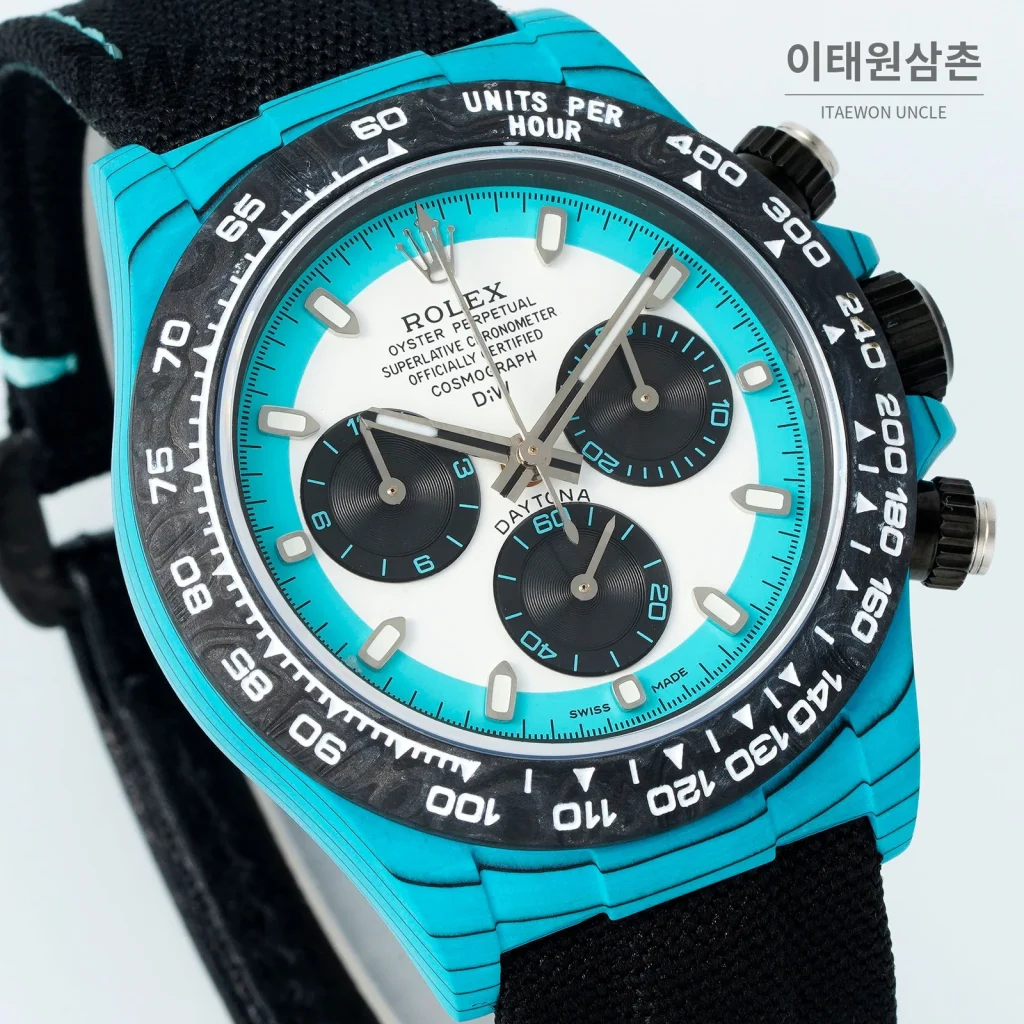 롤렉스 데이토나 카본 파이버 야광 케이스 크로노그래프 오토매틱 40mm 카본 블랙 블랙 나일론 스트랩 블랙 베젤 (3)