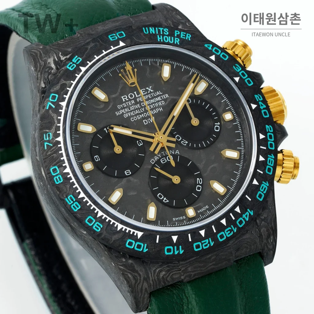 롤렉스 데이토나 카본 파이버 야광 케이스 크로노그래프 오토매틱 40mm 카본 블랙 그린 가죽 스트랩 블랙 베젤