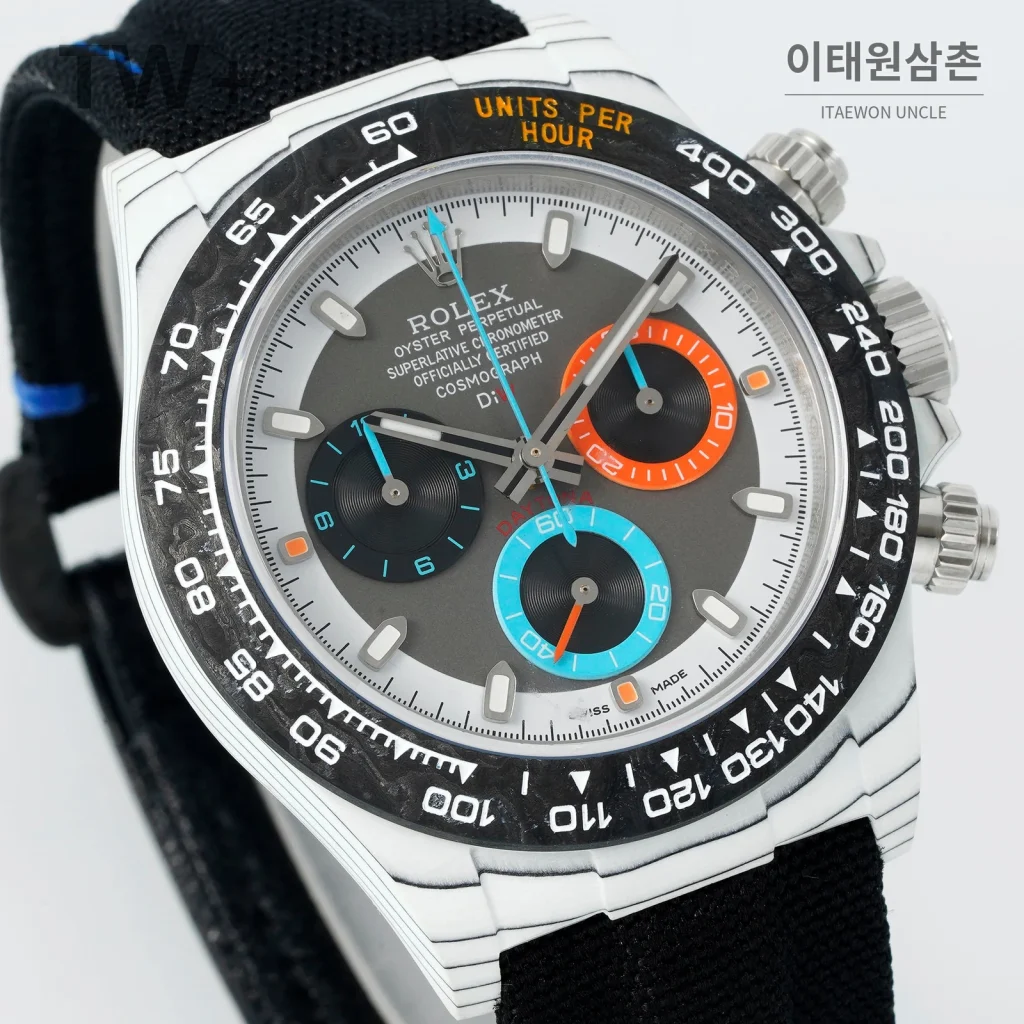 롤렉스 데이토나 카본 파이버 야광 케이스 크로노그래프 오토매틱 40mm 카본 블랙 블랙 나일론 스트랩 블랙 베젤 (4)