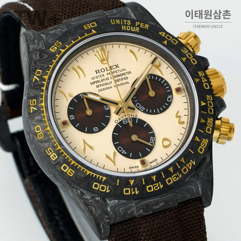 롤렉스 데이토나 카본 파이버 야광 케이스 크로노그래프 오토매틱 40mm 카본 블랙 브라운 나일론 스트랩 블랙 베젤