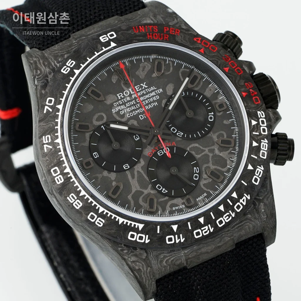 롤렉스 데이토나 카본 파이버 야광 케이스 크로노그래프 오토매틱 40mm 카본 블랙 블랙 나일론 스트랩 그레이 베젤