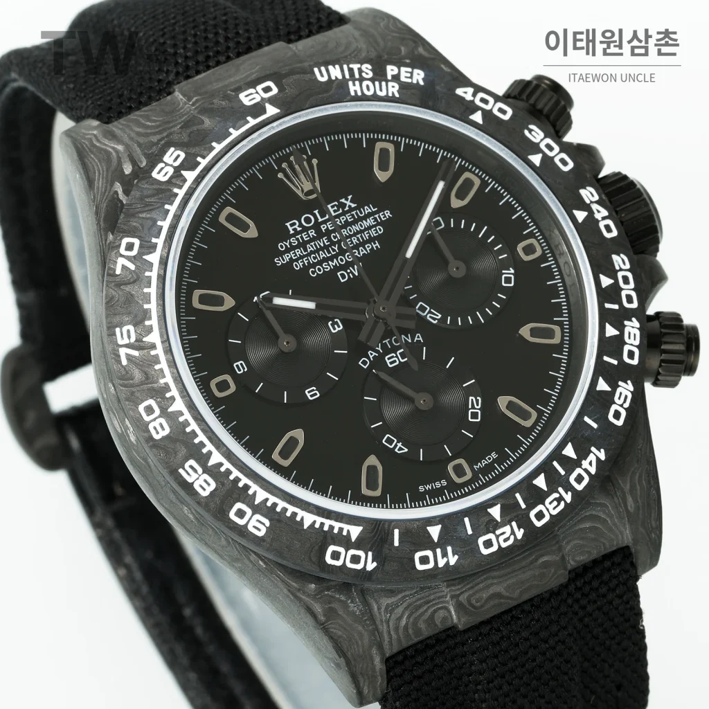 롤렉스 데이토나 카본 파이버 야광 케이스 크로노그래프 오토매틱 40mm 카본 블랙 블랙 나일론 스트랩 그레이 베젤 (2)