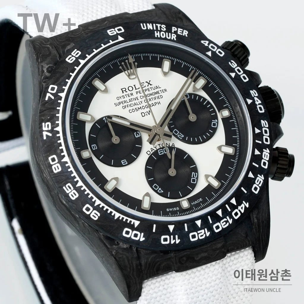 롤렉스 데이토나 카본 파이버 야광 케이스 크로노그래프 오토매틱 40mm 카본 블랙 화이트 나일론 스트랩 블랙 베젤