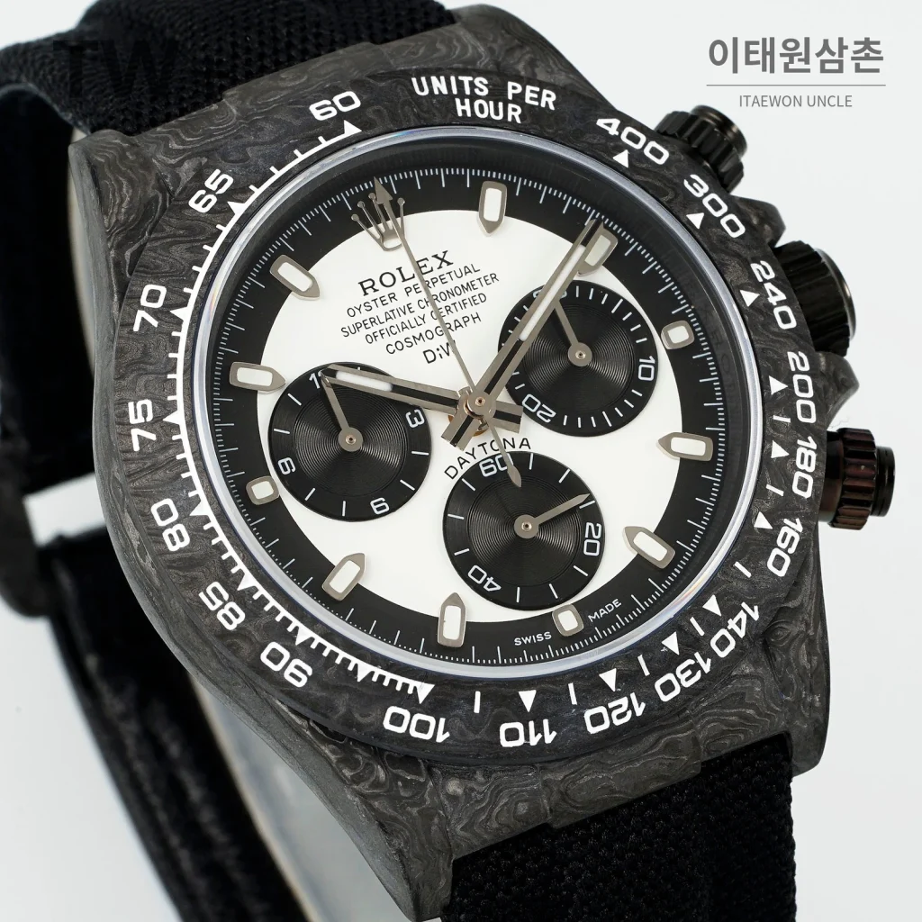 롤렉스 데이토나 카본 파이버 야광 케이스 크로노그래프 오토매틱 40mm 카본 블랙 블랙 나일론 스트랩 블랙 베젤