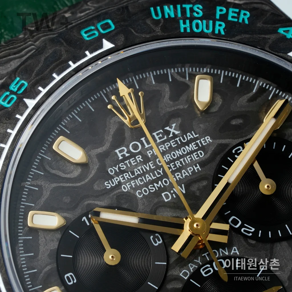 롤렉스 데이토나 카본 파이버 야광 케이스 크로노그래프 오토매틱 40mm 카본 블랙 그린 가죽 스트랩 블랙 베젤