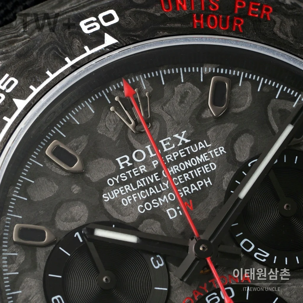 롤렉스 데이토나 카본 파이버 야광 케이스 크로노그래프 오토매틱 40mm 카본 블랙 블랙 나일론 스트랩 그레이 베젤