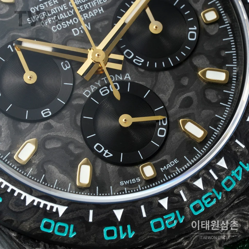 롤렉스 데이토나 카본 파이버 야광 케이스 크로노그래프 오토매틱 40mm 카본 블랙 그린 가죽 스트랩 블랙 베젤