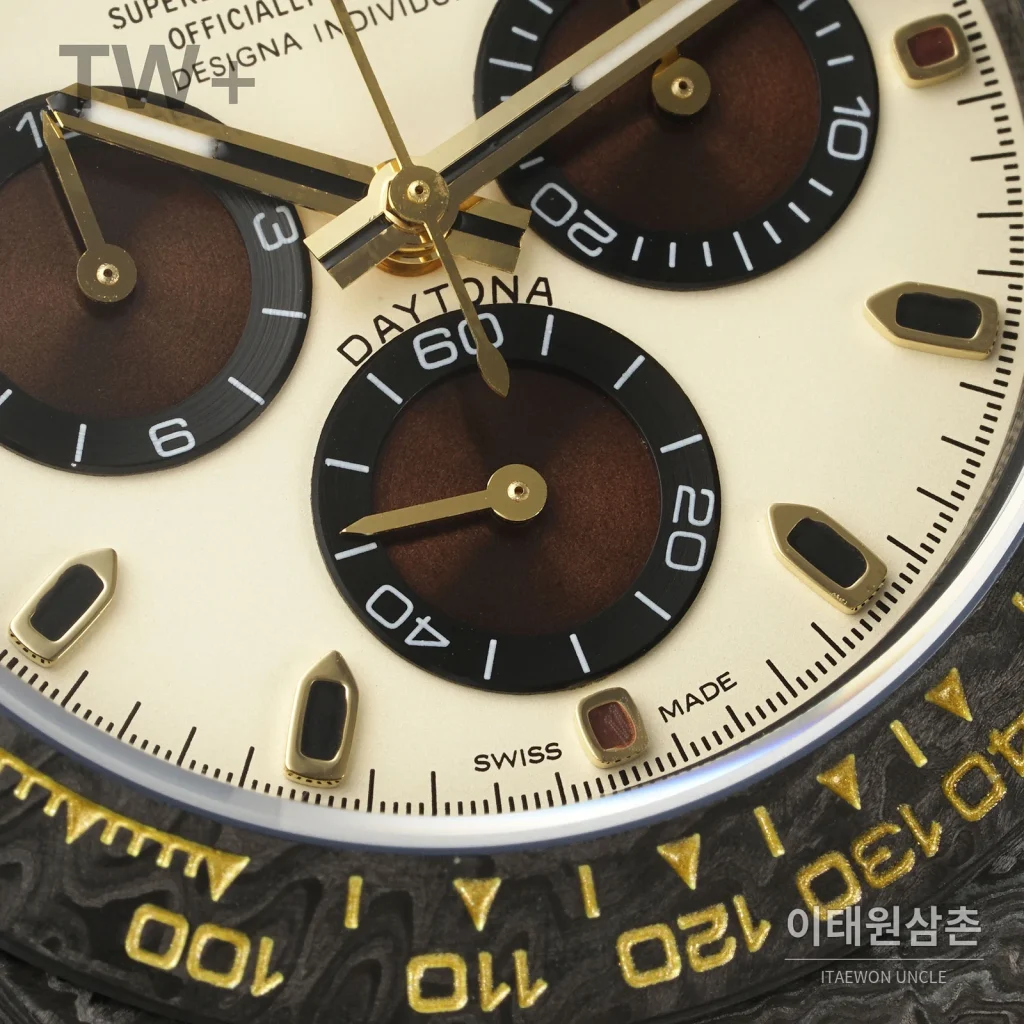 롤렉스 데이토나 카본 파이버 야광 케이스 크로노그래프 오토매틱 40mm 카본 블랙 샴페인 나일론 스트랩 블랙 베젤