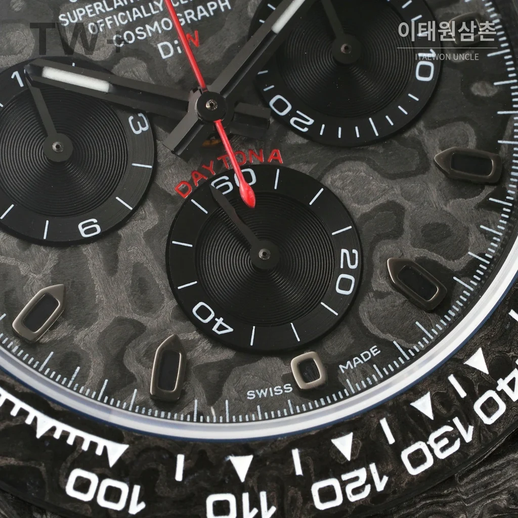 롤렉스 데이토나 카본 파이버 야광 케이스 크로노그래프 오토매틱 40mm 카본 블랙 블랙 나일론 스트랩 그레이 베젤