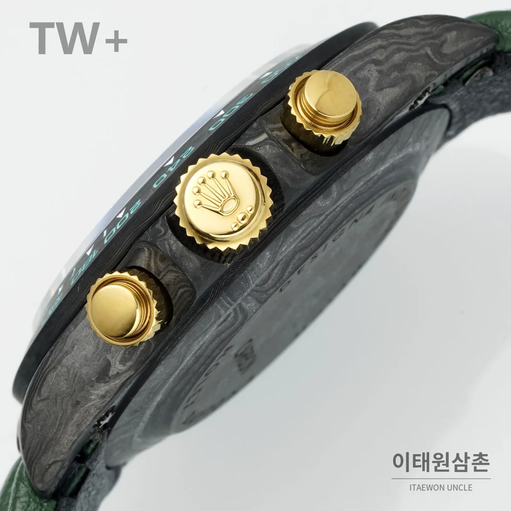 롤렉스 데이토나 카본 파이버 야광 케이스 크로노그래프 오토매틱 40mm 카본 블랙 그린 가죽 스트랩 블랙 베젤