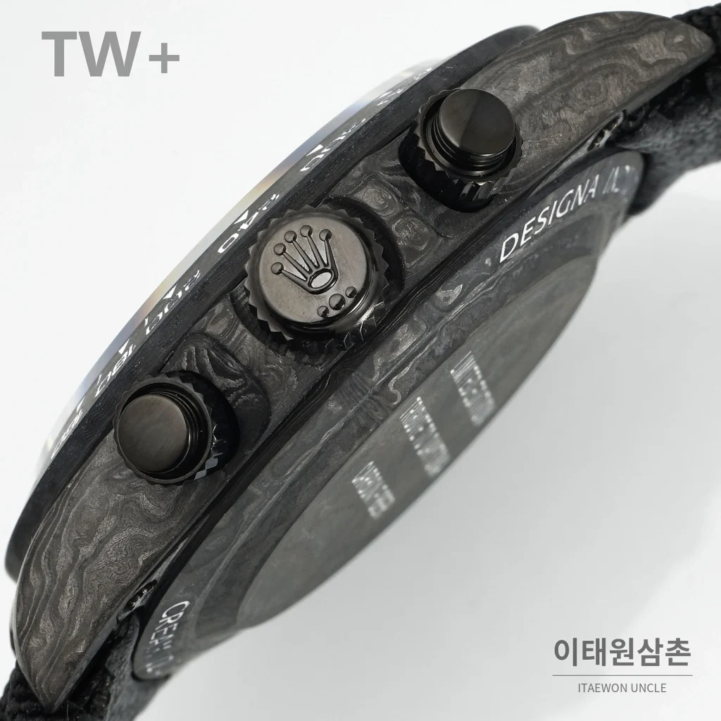 롤렉스 데이토나 카본 파이버 야광 케이스 크로노그래프 오토매틱 40mm 카본 블랙 블랙 나일론 스트랩 블랙 베젤