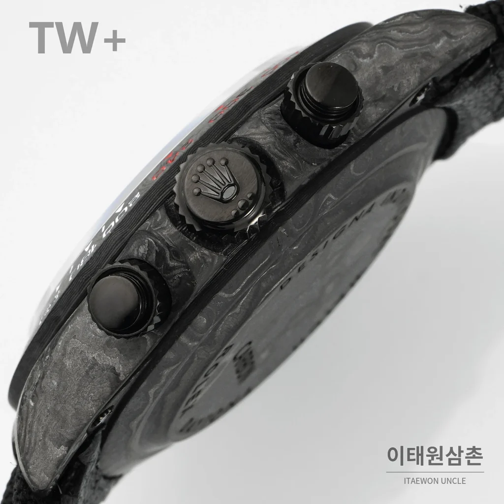 롤렉스 데이토나 카본 파이버 야광 케이스 크로노그래프 오토매틱 40mm 카본 블랙 블랙 나일론 스트랩 그레이 베젤