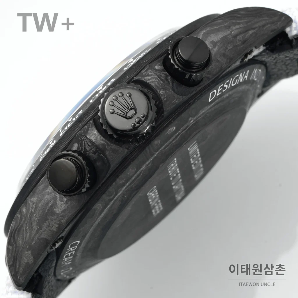 롤렉스 데이토나 카본 파이버 야광 케이스 크로노그래프 오토매틱 40mm 카본 블랙 화이트 나일론 스트랩 블랙 베젤