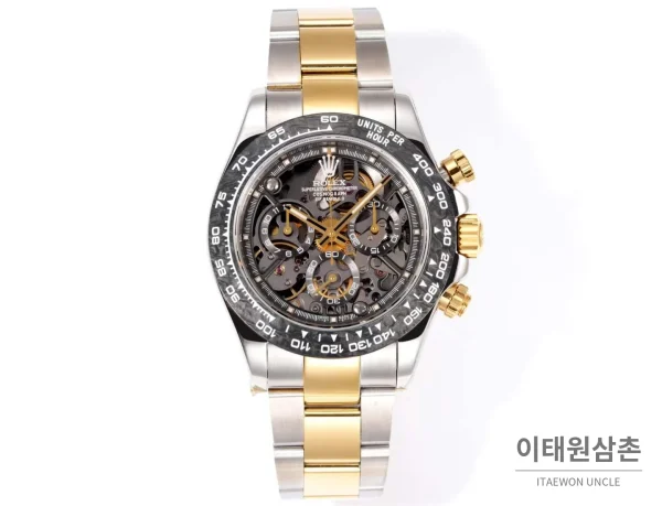 롤렉스 데이토나 크로노그래프 오토매틱 스켈레톤 다이얼 투톤 브레이슬릿 블랙 베젤