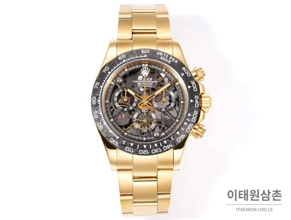 롤렉스 데이토나 크로노그래프 오토매틱 스켈레톤 다이얼 골드 브레이슬릿 블랙 베젤