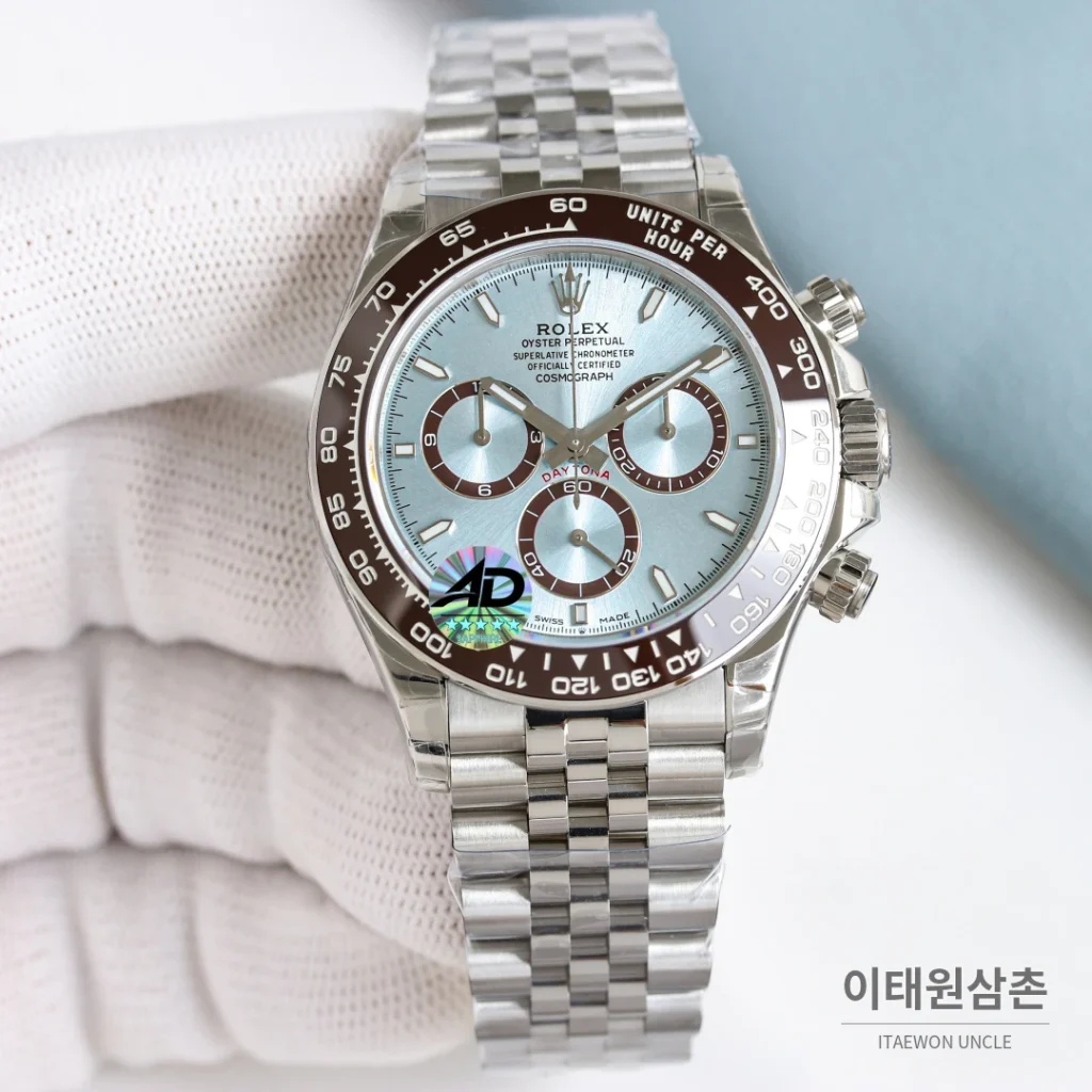 롤렉스 데이토나 크로노그래프 오토매틱 아이스블루 다이얼 스틸 브레이슬릿 브라운 베젤
