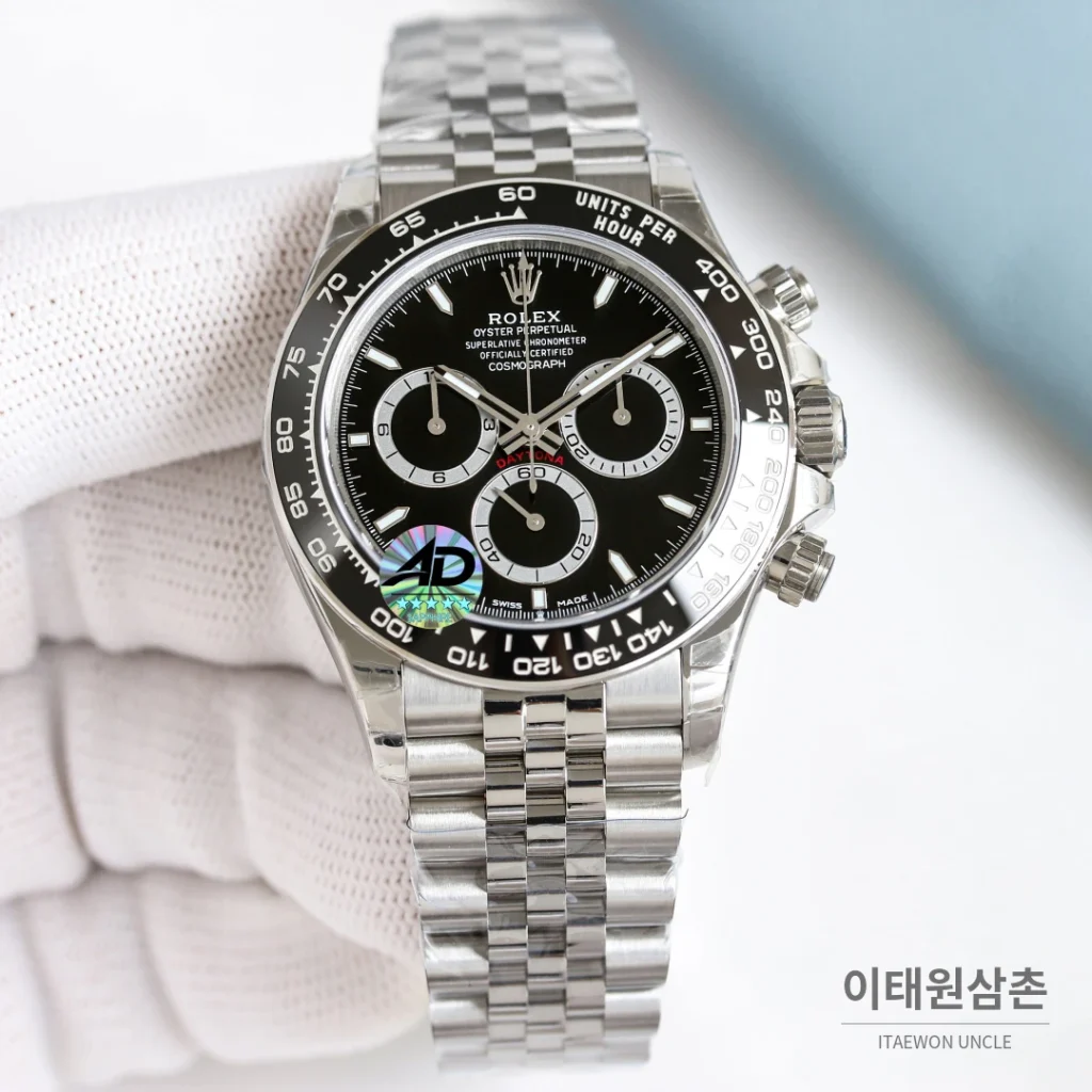 롤렉스 데이토나 크로노그래프 오토매틱 블랙 다이얼 스틸 브레이슬릿 블랙 베젤
