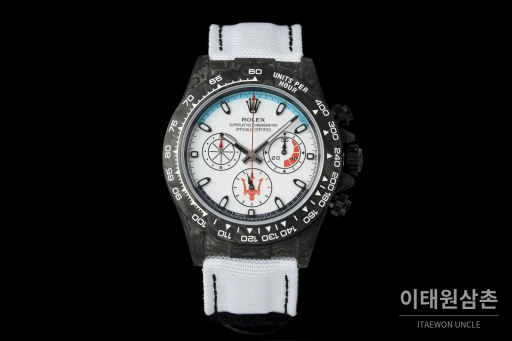 롤렉스 데이토나 크로노그래프 오토매틱 40mm 화이트 다이얼 화이트 나일론 스트랩 블랙 베젤 카본 케이스 (3)