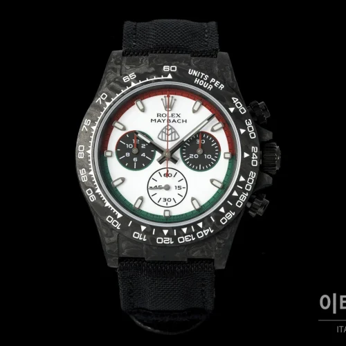 롤렉스 데이토나 크로노그래프 오토매틱 40mm 화이트 다이얼 블랙 나일론 스트랩 블랙 베젤 카본 케이스