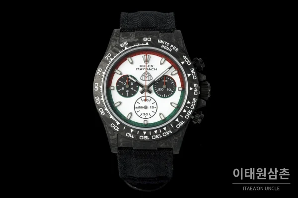 롤렉스 데이토나 크로노그래프 오토매틱 40mm 화이트 다이얼 블랙 나일론 스트랩 블랙 베젤 카본 케이스