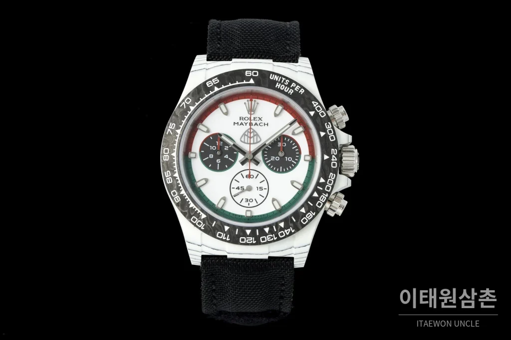 롤렉스 데이토나 크로노그래프 오토매틱 40mm 화이트 다이얼 블랙 나일론 스트랩 블랙 베젤 카본 케이스 (2)