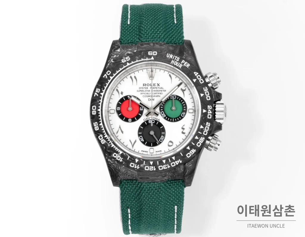 롤렉스 데이토나 크로노그래프 오토매틱 40mm 화이트 다이얼 그린 나일론 스트랩 블랙 베젤 카본 케이스 (2)