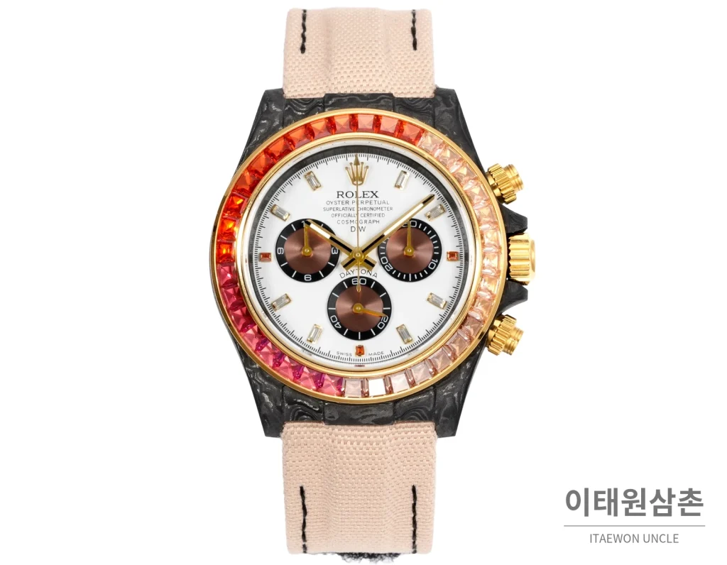롤렉스 데이토나 크로노그래프 오토매틱 40mm 화이트 다이얼 핑크 나일론 스트랩 멀티컬러 베젤
