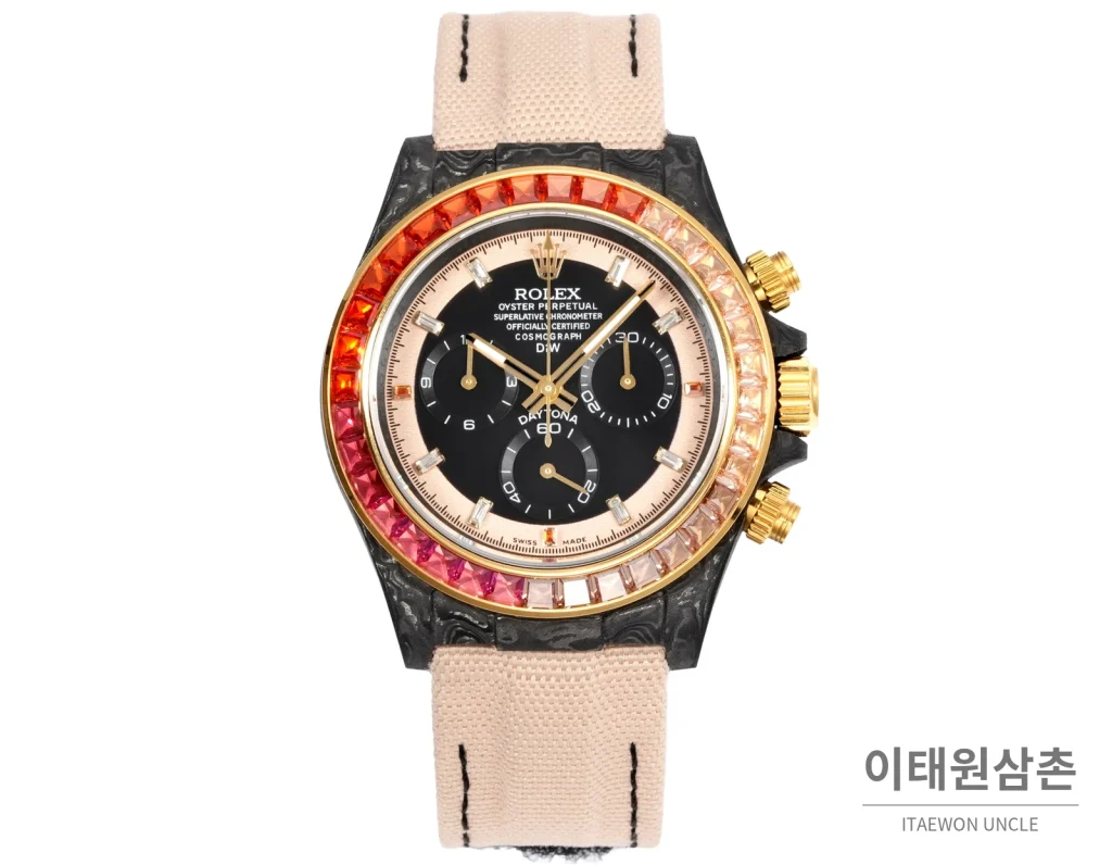 롤렉스 데이토나 크로노그래프 오토매틱 40mm 블랙 다이얼 샴페인 나일론 스트랩 멀티컬러 베젤