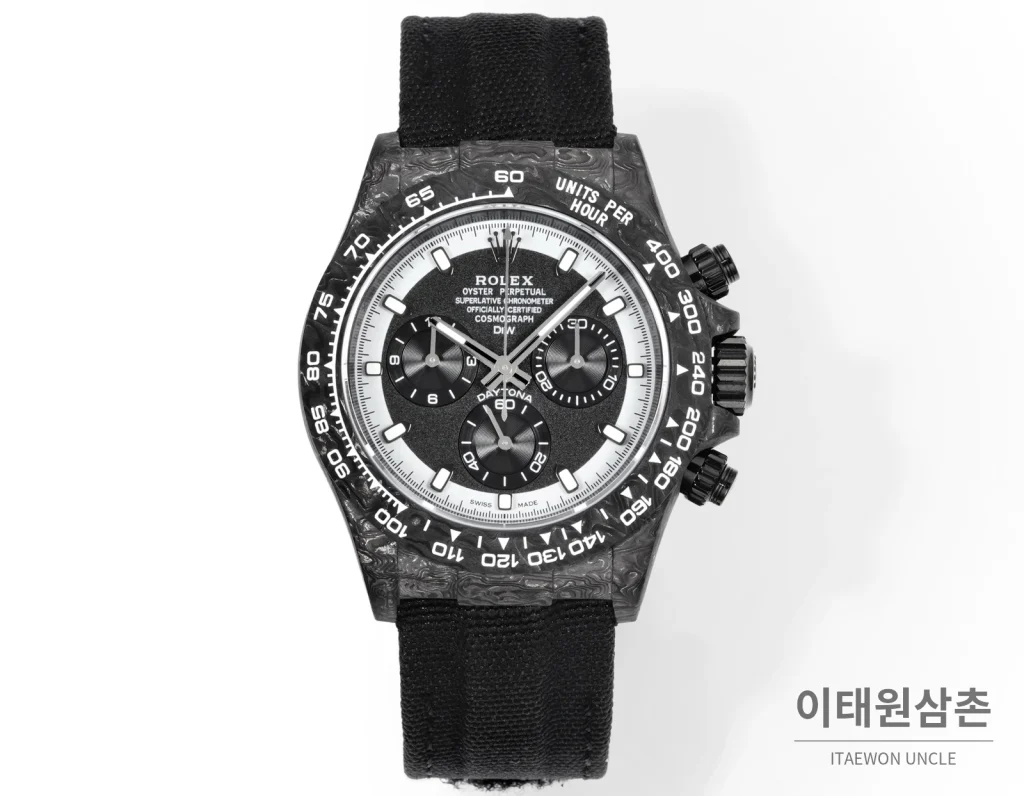 롤렉스 데이토나 크로노그래프 오토매틱 40mm 블랙 다이얼 블랙 나일론 스트랩 그레이 베젤 카본 케이스 (2)