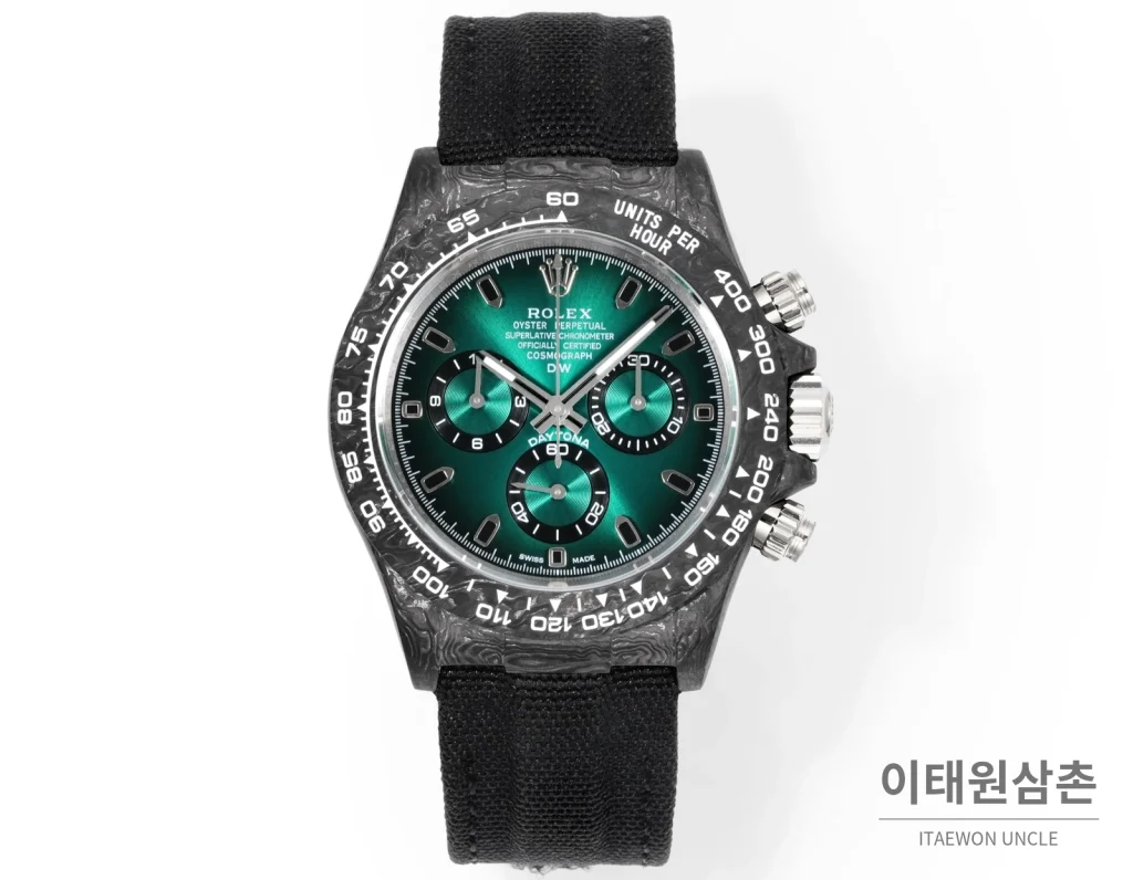 롤렉스 데이토나 크로노그래프 오토매틱 40mm 그린 다이얼 블랙 나일론 스트랩 블랙 베젤 카본 케이스 (2)