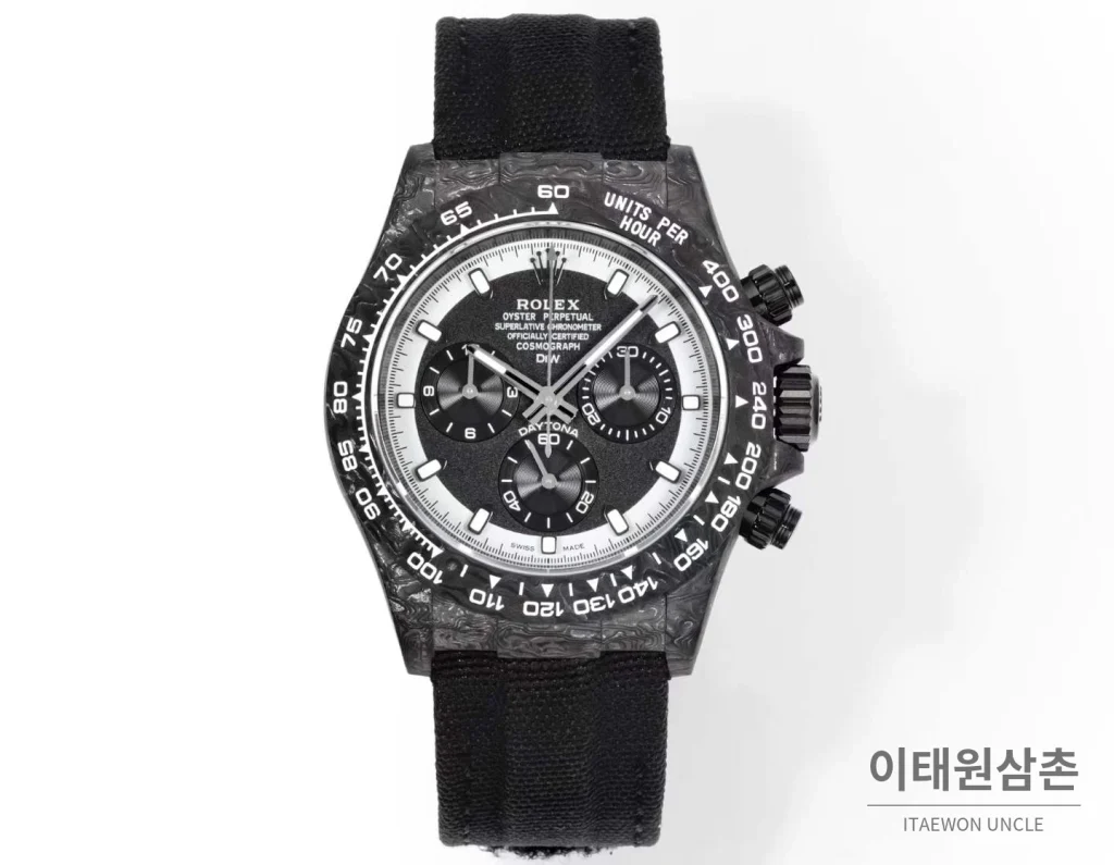 롤렉스 데이토나 크로노그래프 오토매틱 40mm 블랙 다이얼 블랙 나일론 스트랩 그레이 베젤 카본 케이스