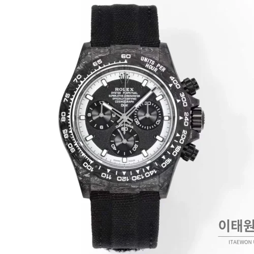 롤렉스 데이토나 크로노그래프 오토매틱 40mm 블랙 다이얼 블랙 나일론 스트랩 그레이 베젤 카본 케이스
