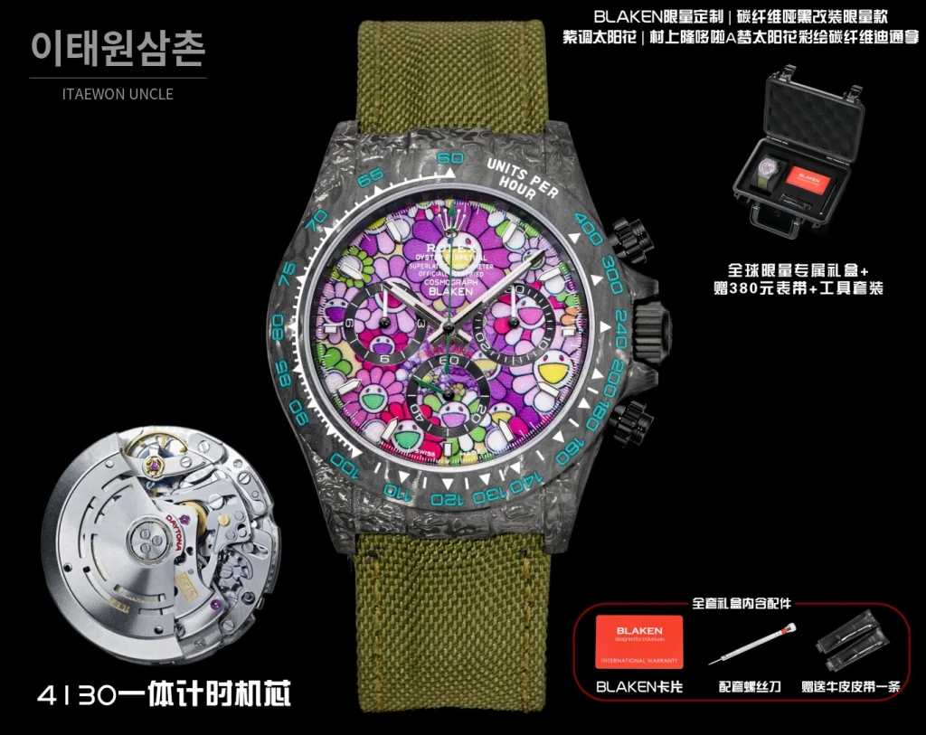 롤렉스 데이토나 크로노그래프 오토매틱 40mm 멀티컬러 다이얼 그린 나일론 스트랩 그레이 베젤 카본 케이스