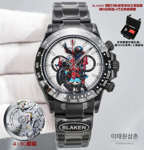 롤렉스 데이토나 크로노그래프 오토매틱 40mm 화이트 다이얼 세라믹 브레이슬릿 그레이 베젤 카본 케이스