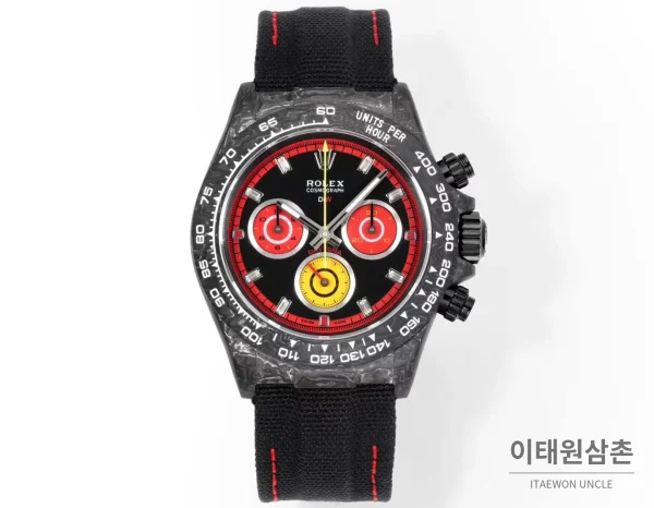 롤렉스 데이토나 크로노그래프 오토매틱 40mm 블랙 다이얼 블랙 나일론 스트랩 블랙 베젤 카본 케이스
