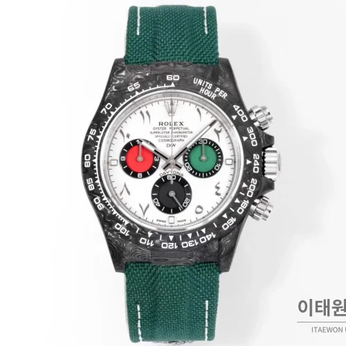 롤렉스 데이토나 크로노그래프 오토매틱 40mm 롤렉스 데이토나 크로노그래프 오토매틱 40mm 화이트 다이얼 그린 나일론 스트랩 블랙 베젤 카본 케이스