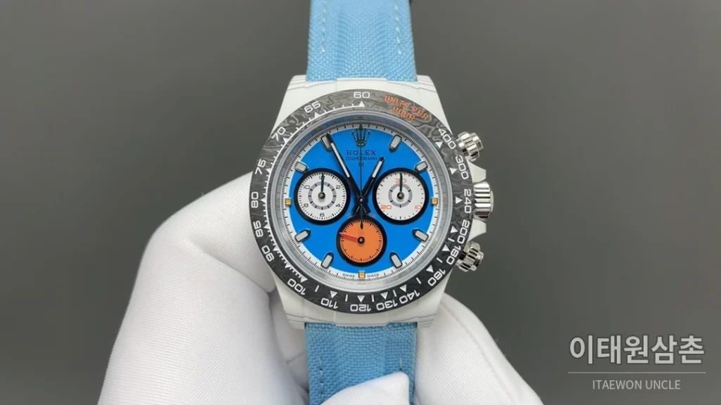 롤렉스 데이토나 크로노그래프 오토매틱 40mm 블루 다이얼 아이스블루 나일론 스트랩 그레이 베젤