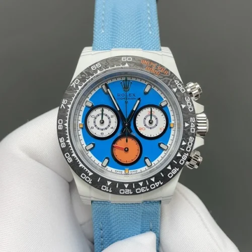 롤렉스 데이토나 크로노그래프 오토매틱 40mm 블루 다이얼 아이스블루 나일론 스트랩 그레이 베젤