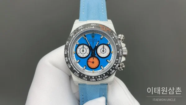 롤렉스 데이토나 크로노그래프 오토매틱 40mm 블루 다이얼 아이스블루 나일론 스트랩 그레이 베젤