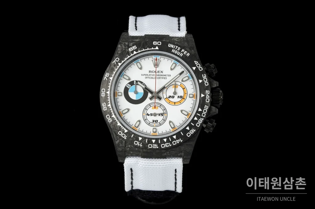 롤렉스 데이토나 크로노그래프 오토매틱 40mm 화이트 다이얼 화이트 나일론 스트랩 블랙 베젤 카본 케이스