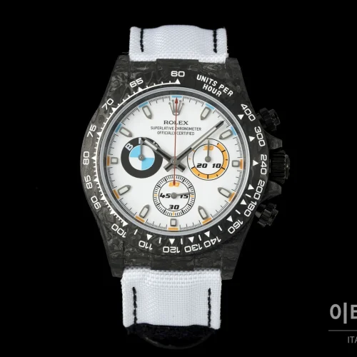 롤렉스 데이토나 크로노그래프 오토매틱 40mm 화이트 다이얼 화이트 나일론 스트랩 블랙 베젤 카본 케이스