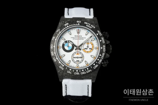 롤렉스 데이토나 크로노그래프 오토매틱 40mm 화이트 다이얼 화이트 나일론 스트랩 블랙 베젤 카본 케이스