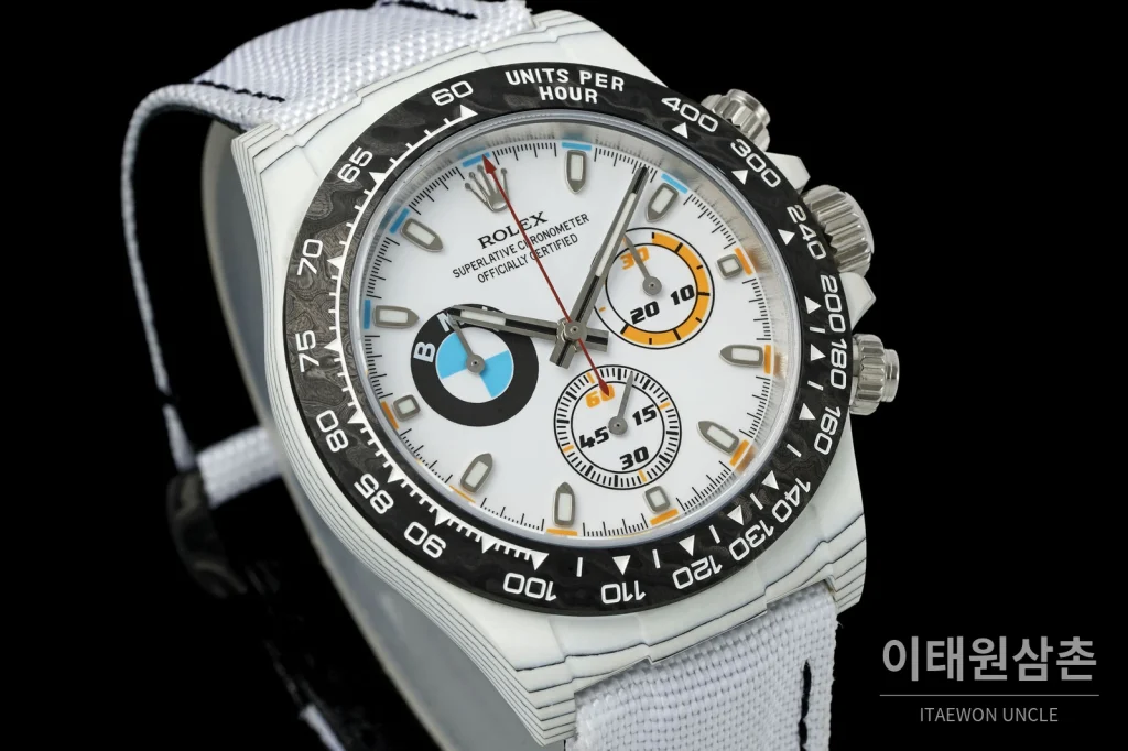 롤렉스 데이토나 크로노그래프 오토매틱 40mm 화이트 다이얼 화이트 나일론 스트랩 블랙 베젤 카본 케이스 (4)