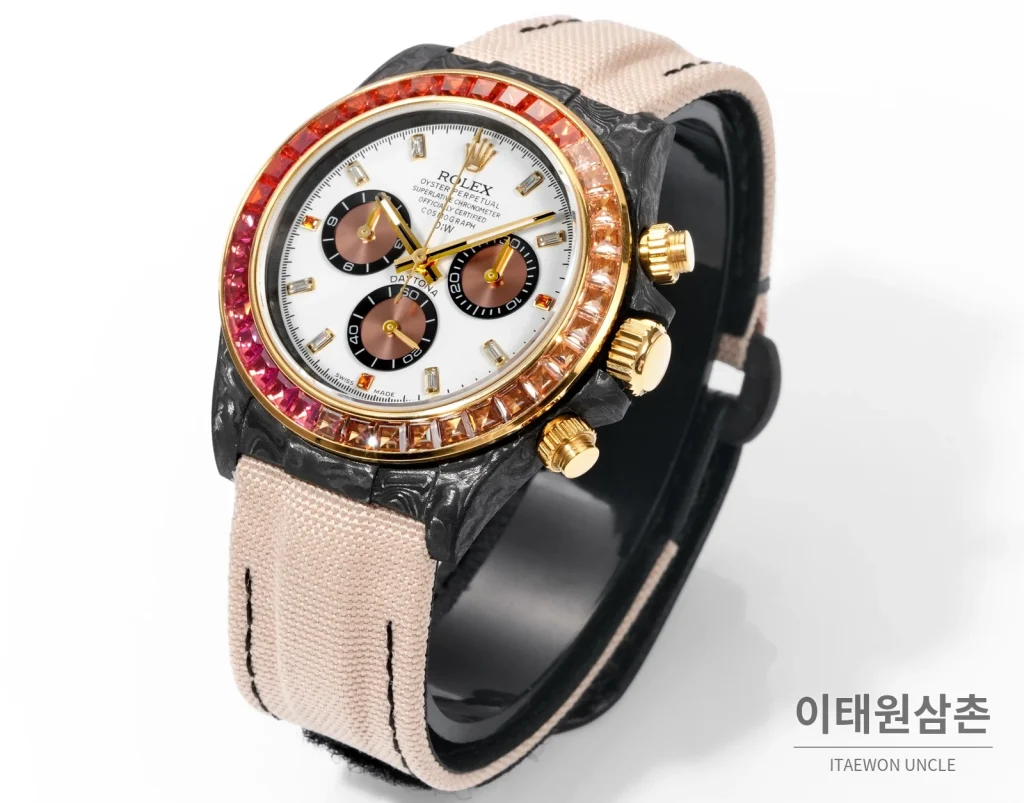 롤렉스 데이토나 크로노그래프 오토매틱 40mm 화이트 다이얼 핑크 나일론 스트랩 멀티컬러 베젤