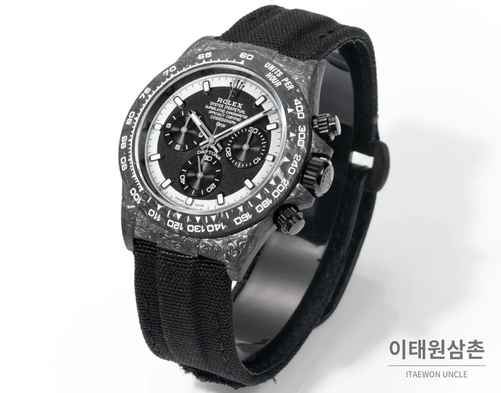 롤렉스 데이토나 크로노그래프 오토매틱 40mm 블랙 다이얼 블랙 나일론 스트랩 그레이 베젤 카본 케이스 (2)