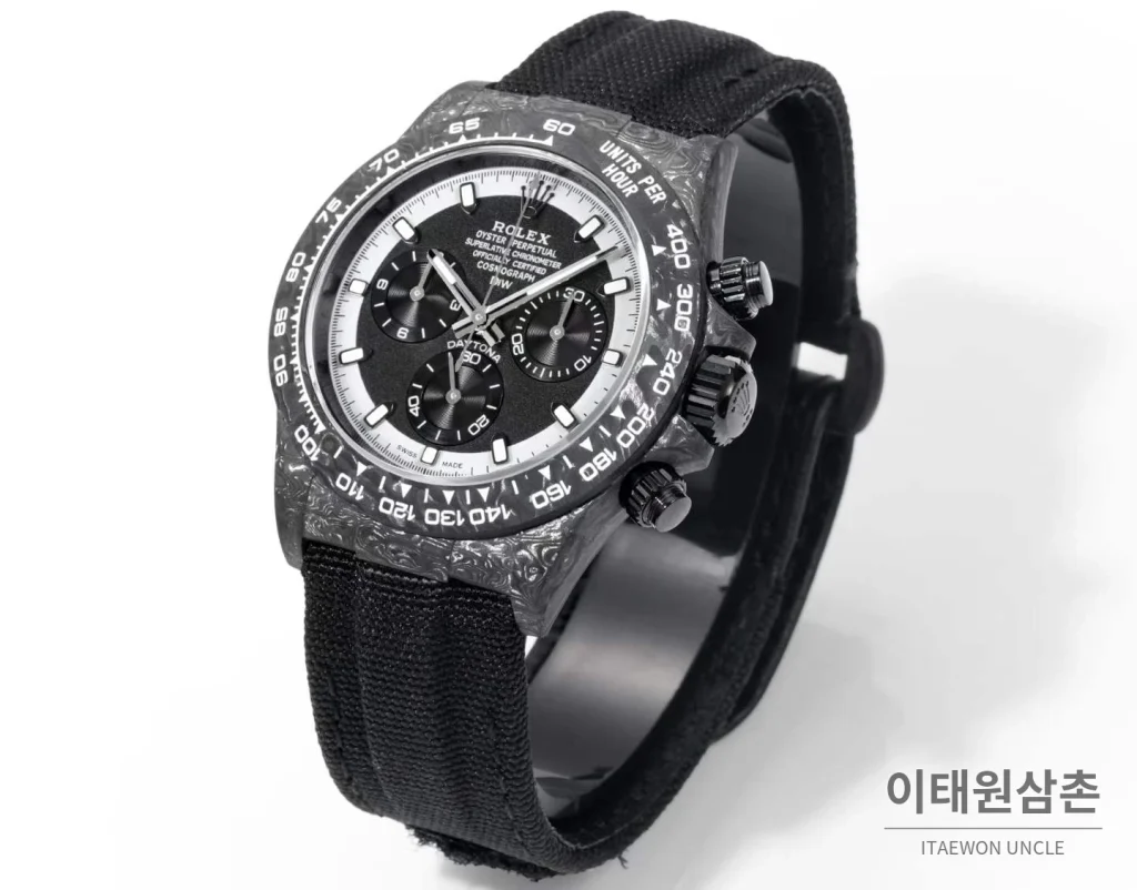 롤렉스 데이토나 크로노그래프 오토매틱 40mm 블랙 다이얼 블랙 나일론 스트랩 그레이 베젤 카본 케이스