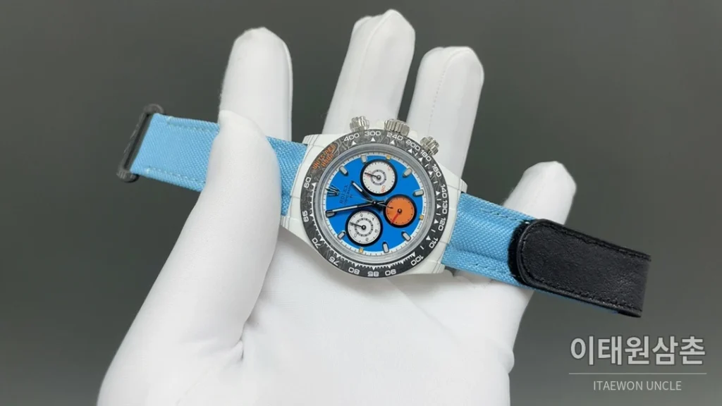 롤렉스 데이토나 크로노그래프 오토매틱 40mm 블루 다이얼 아이스블루 나일론 스트랩 그레이 베젤