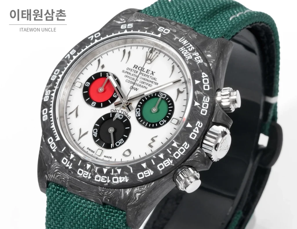 롤렉스 데이토나 크로노그래프 오토매틱 40mm 화이트 다이얼 그린 나일론 스트랩 블랙 베젤 카본 케이스 (2)