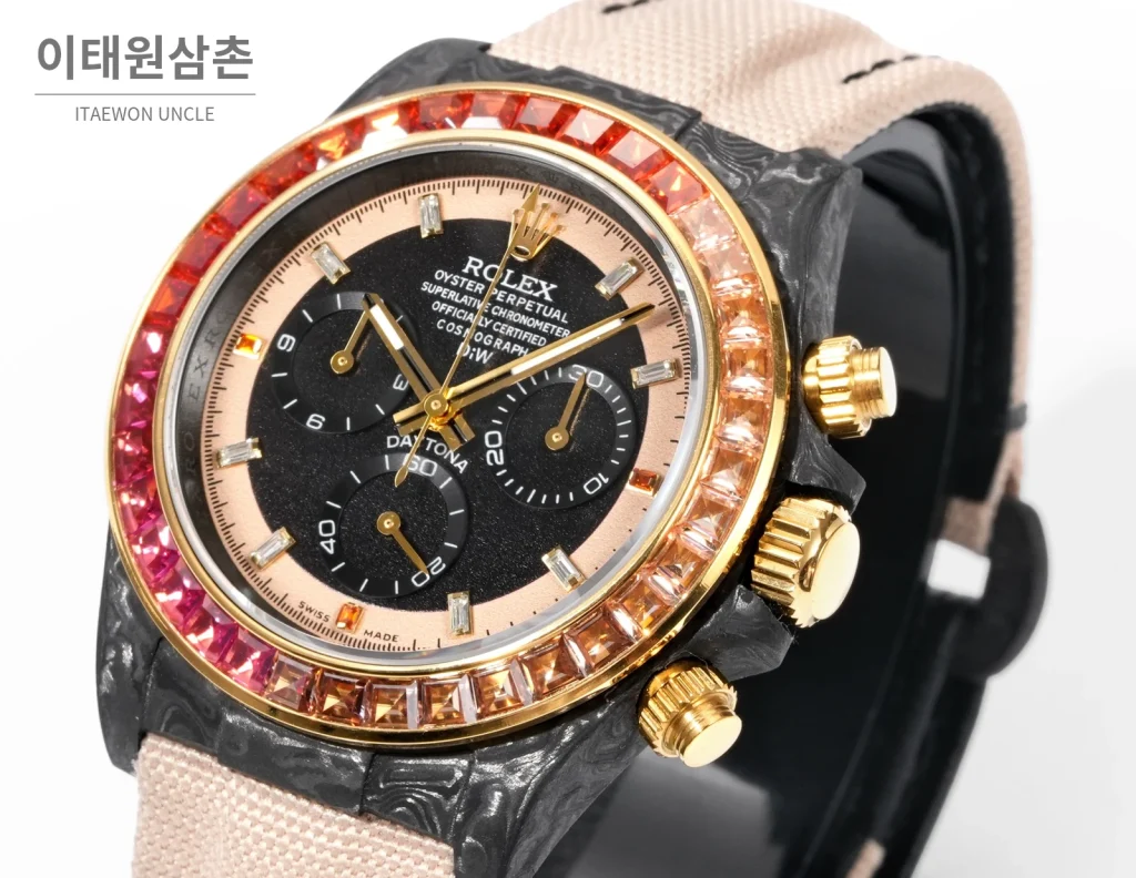 롤렉스 데이토나 크로노그래프 오토매틱 40mm 블랙 다이얼 샴페인 나일론 스트랩 멀티컬러 베젤